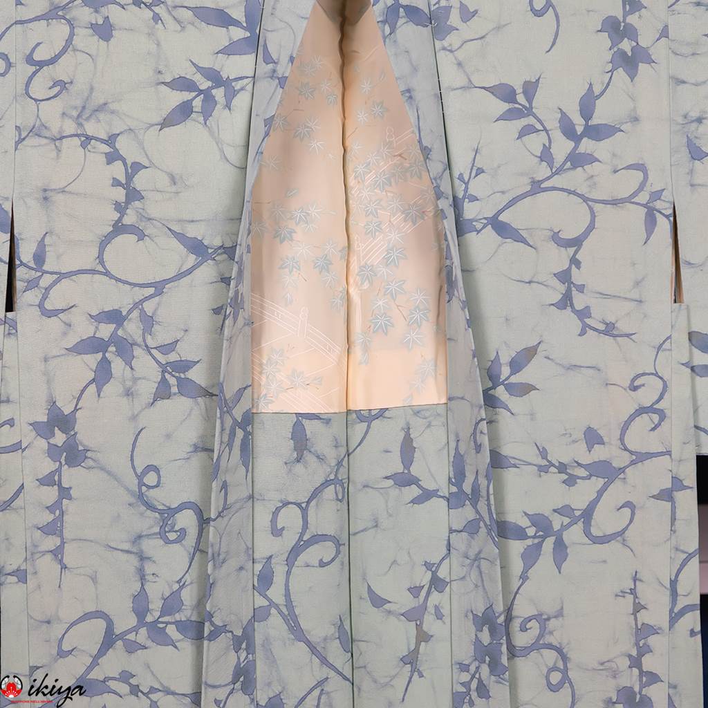 Haori da donna in seta “chirimen” acquamarina con motivo vegetale - Image 3